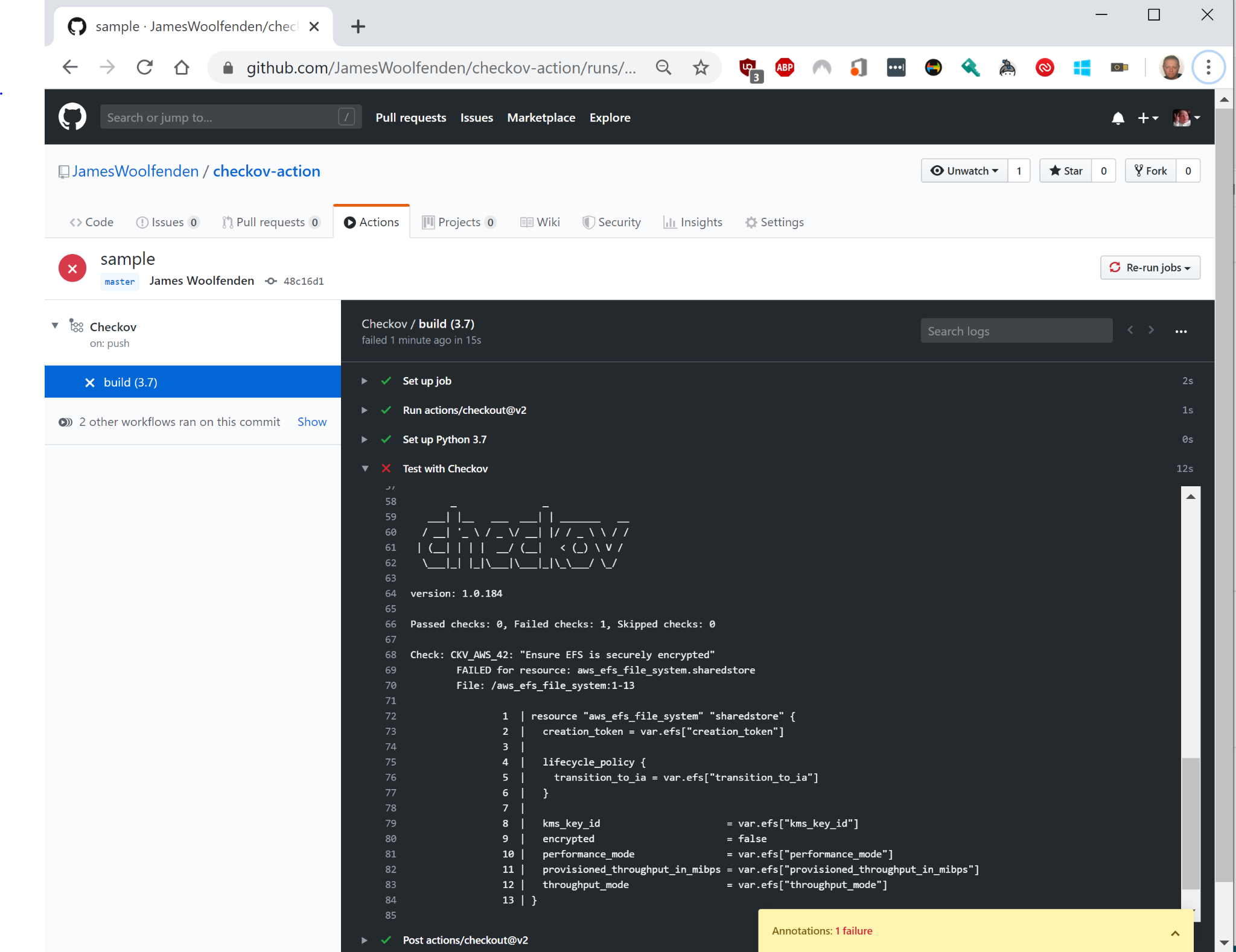 Checkov results posted on a GitHub pull request, listing passed and failed checks with their policy IDs.