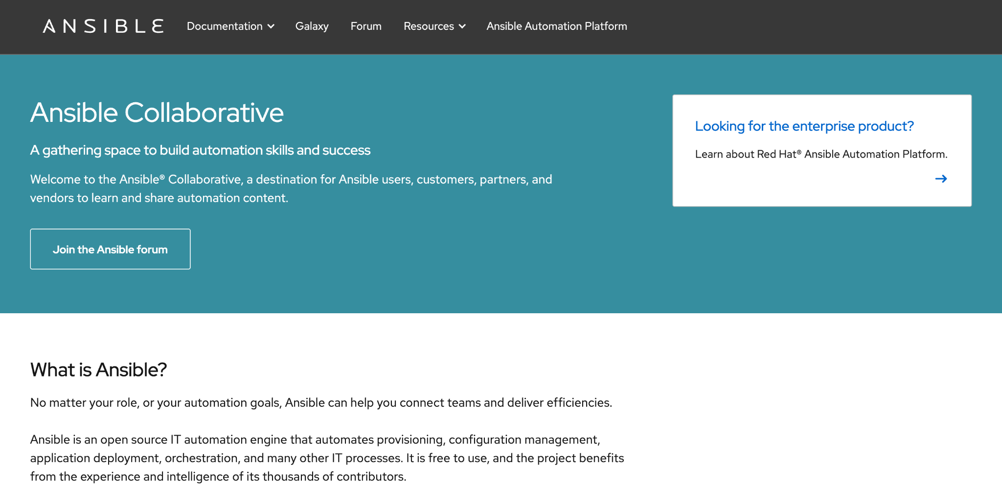 Ansible Collaborative homepage, with a 'What is Ansible?' section introducing it as an open source IT automation engine.