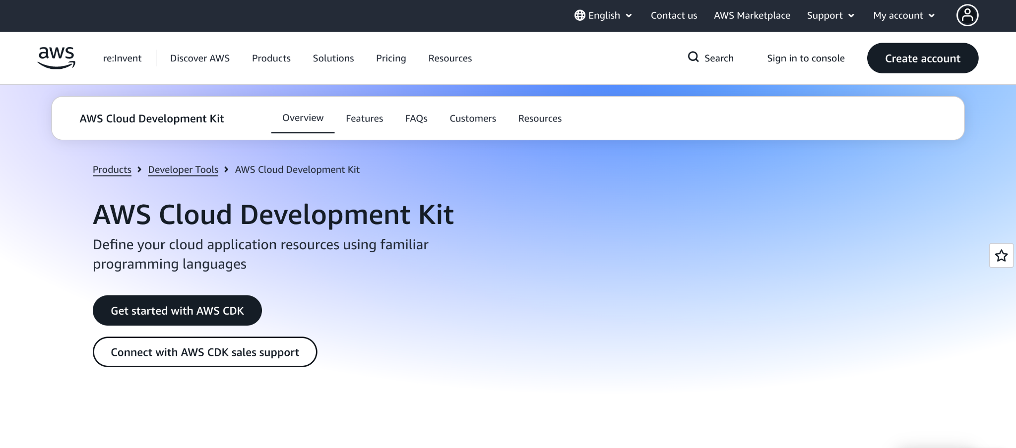 AWS Cloud Development Kit product page: 'Define your cloud application resources using familiar programming languages.'