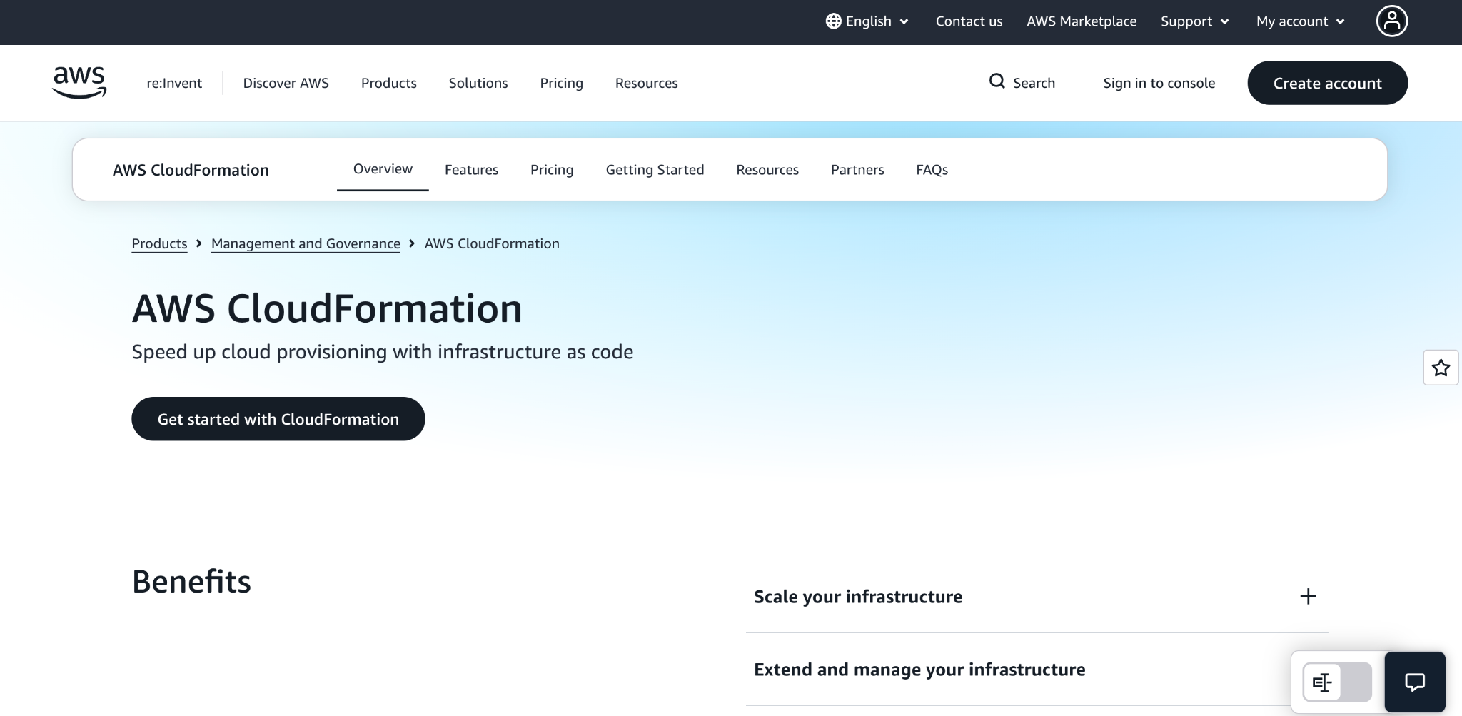 AWS CloudFormation product page: 'Speed up cloud provisioning with infrastructure as code,' with a Benefits section below.