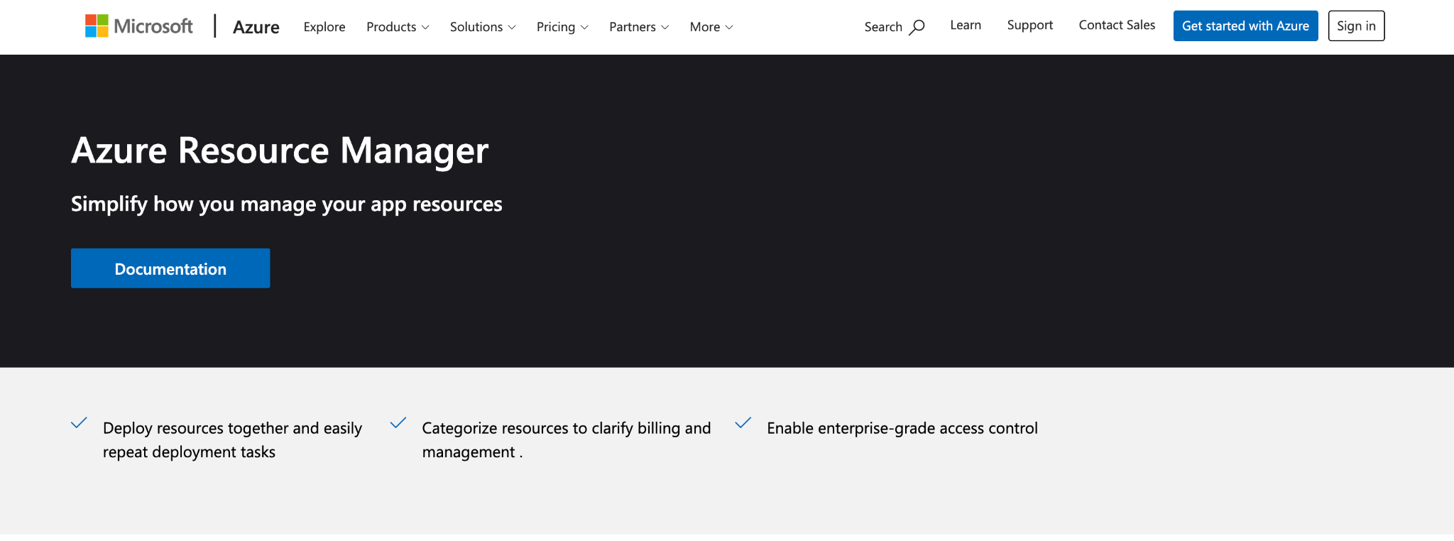 Azure Resource Manager product page: 'Simplify how you manage your app resources,' listing repeatable deployments, billing categorization, and enterprise-grade access control.