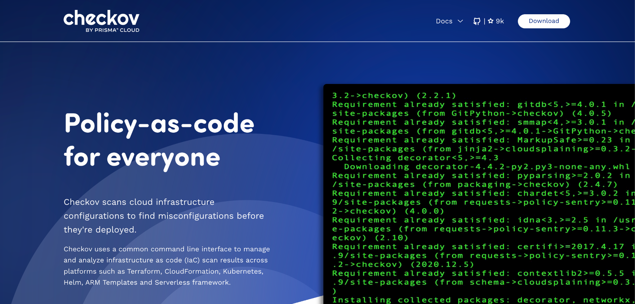 Checkov homepage by Prisma Cloud: 'Policy-as-code for everyone,' beside terminal output from a Checkov install.
