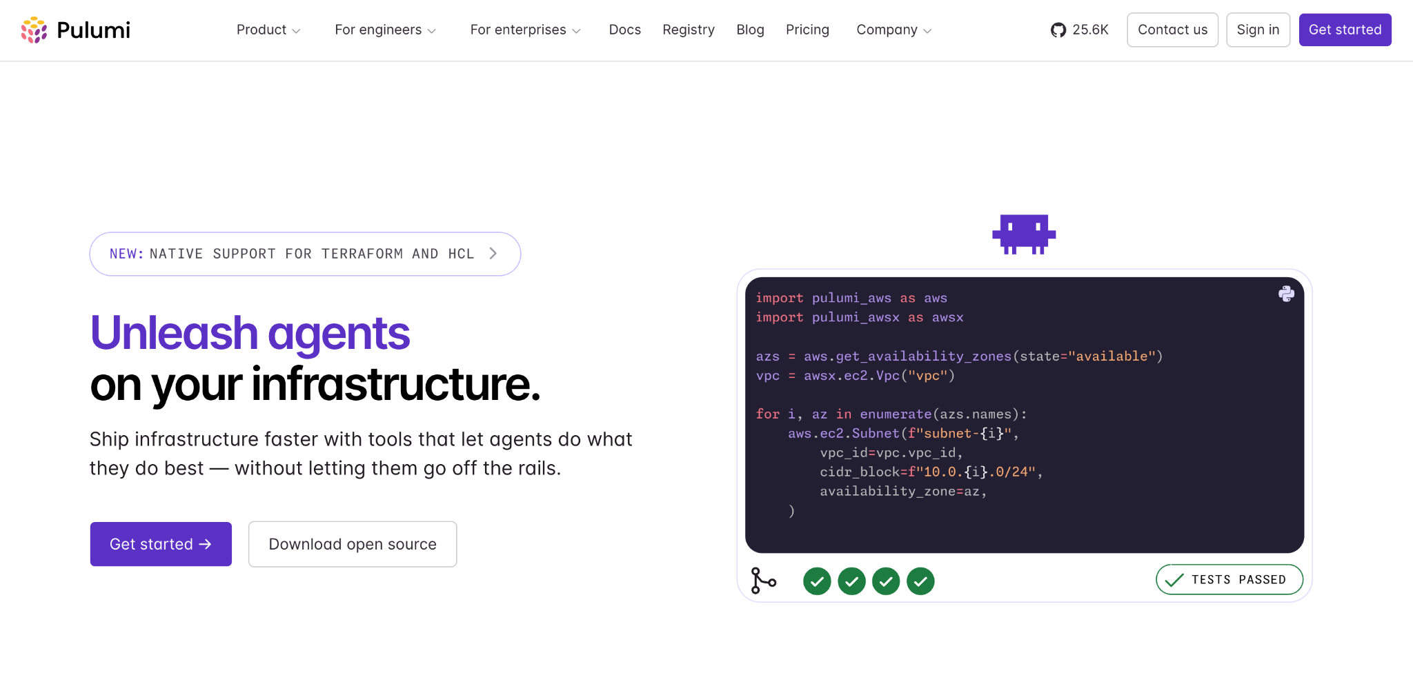 Pulumi homepage: 'Unleash agents on your infrastructure,' beside a Python example importing pulumi_aws and creating subnets in a loop.