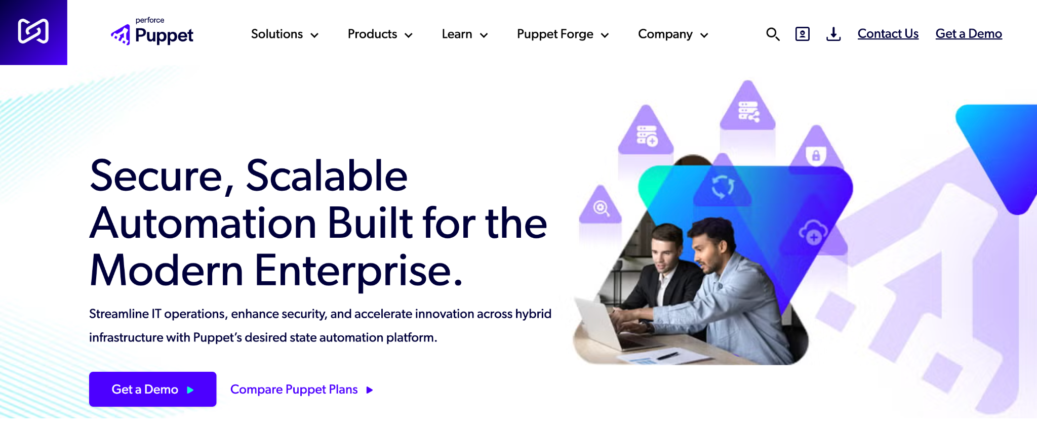 Perforce Puppet homepage: 'Secure, Scalable Automation Built for the Modern Enterprise,' describing its desired state automation platform.