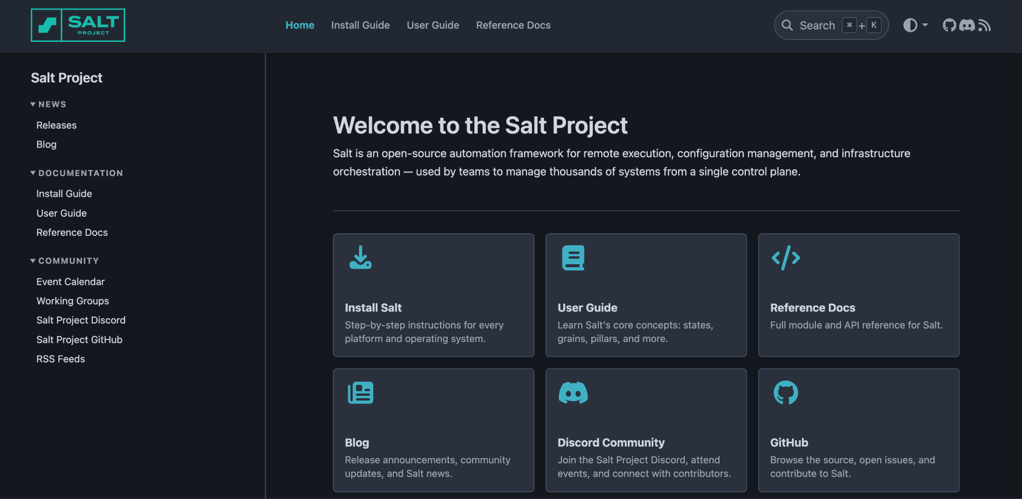 Salt Project homepage, describing Salt as an open-source automation framework for remote execution, configuration management, and infrastructure orchestration.