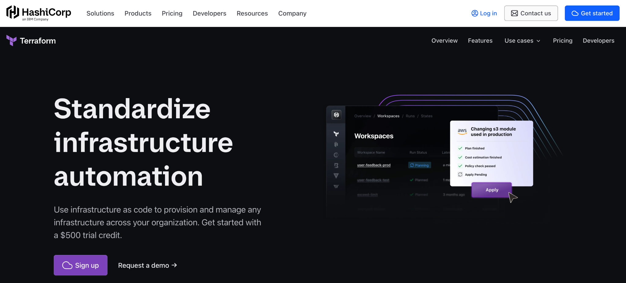 HashiCorp Terraform product page: 'Standardize infrastructure automation,' beside a workspaces view showing run statuses and a policy check passing.