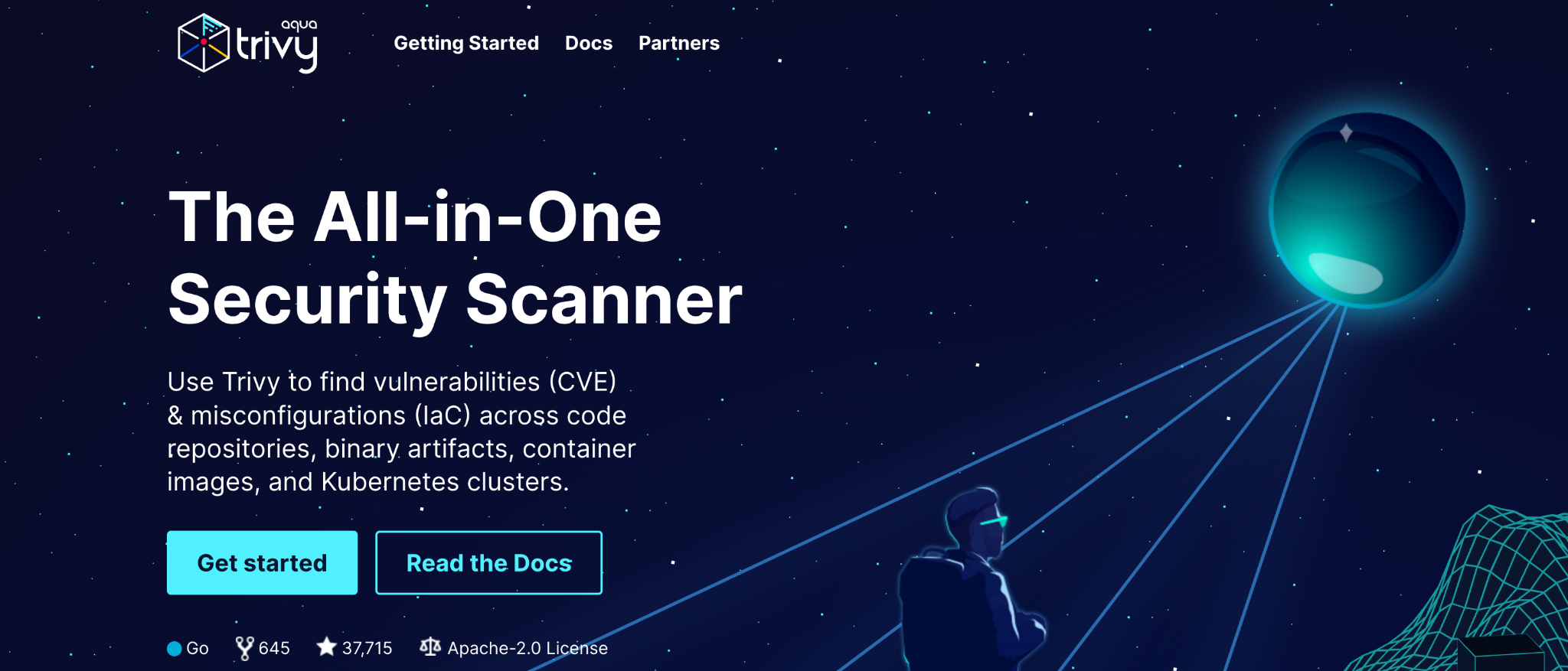 Aqua Trivy homepage: 'The All-in-One Security Scanner,' showing its GitHub star count and Apache-2.0 license badge.
