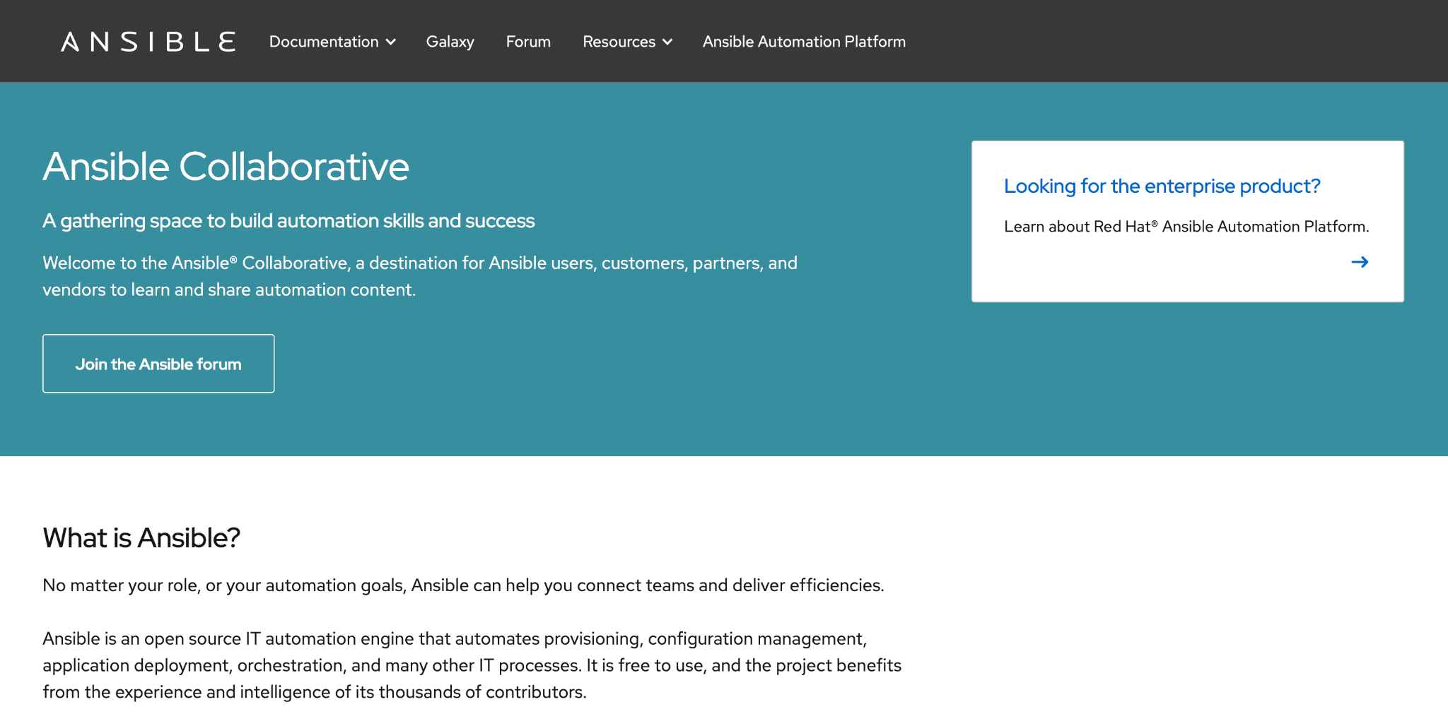 Ansible Collaborative homepage introducing Ansible as an open-source IT automation engine.