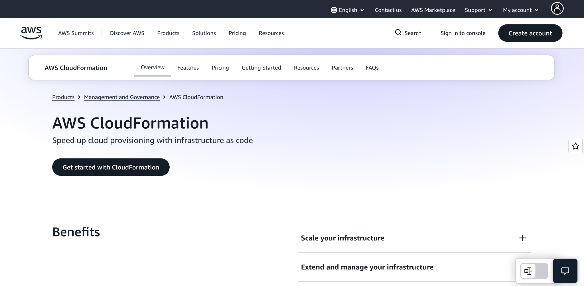 AWS CloudFormation product page: 'Speed up cloud provisioning with infrastructure as code,' with a Benefits section.