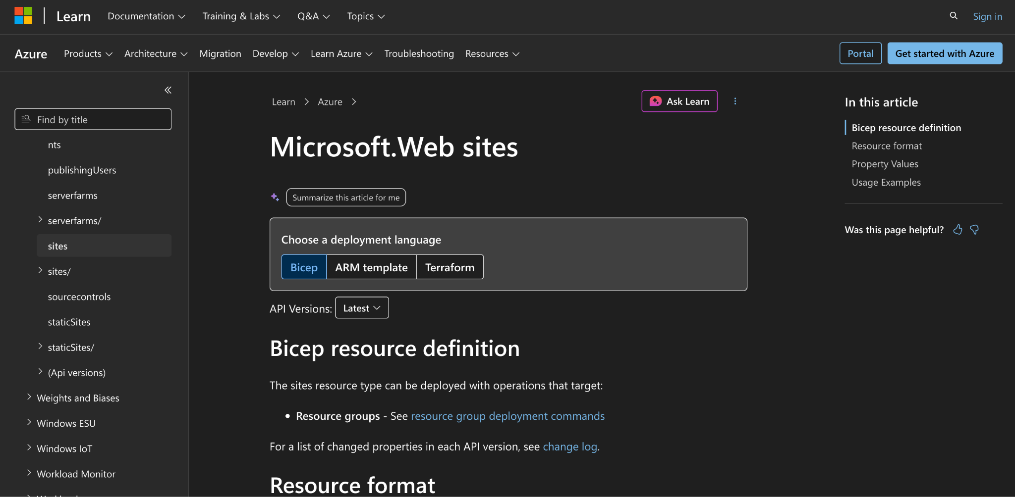 Microsoft Learn page for a Microsoft.Web resource showing Bicep, ARM template, and Terraform deployment options.