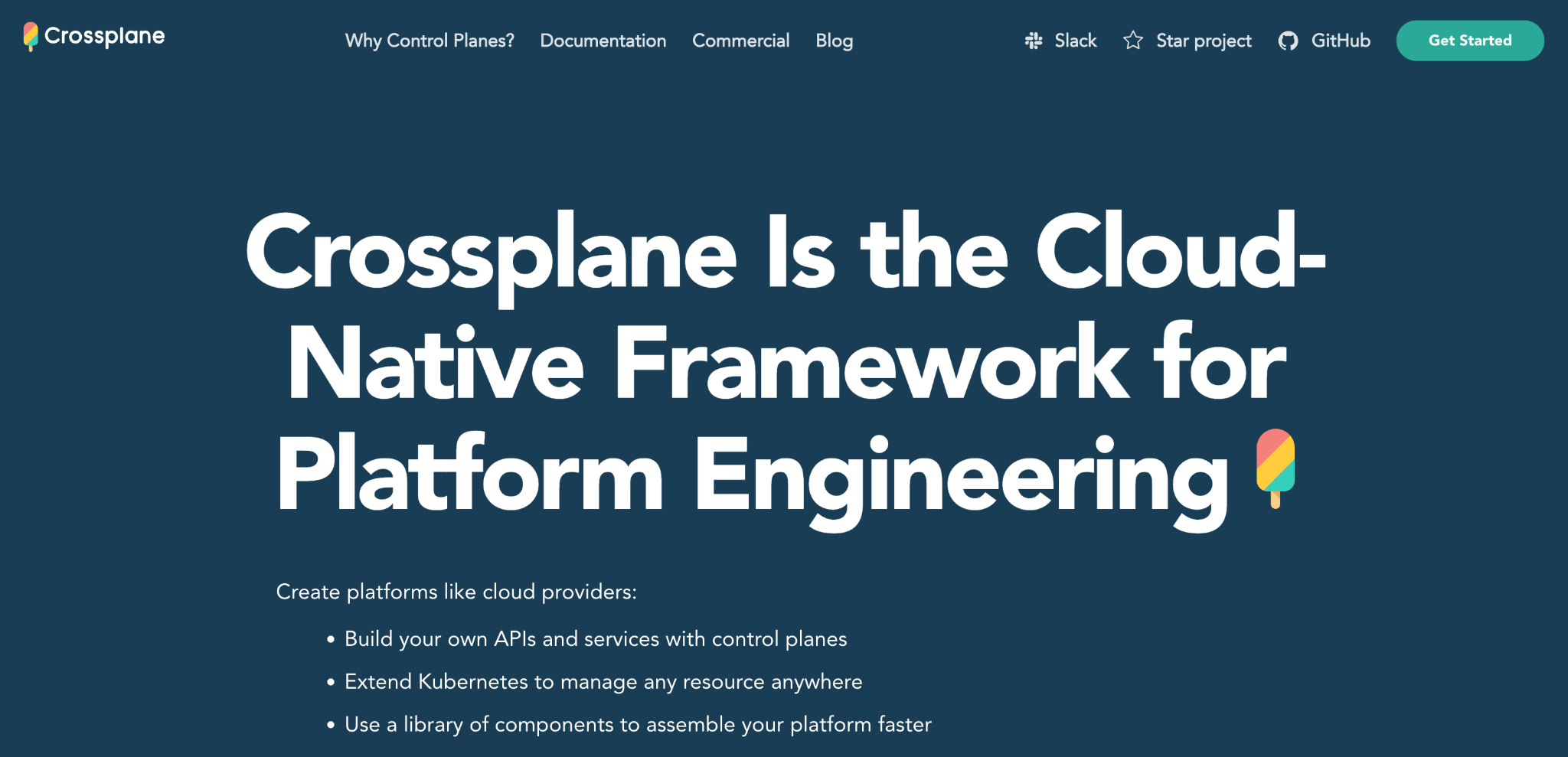 Crossplane homepage: 'Crossplane Is the Cloud-Native Framework for Platform Engineering,' listing control-plane building blocks.