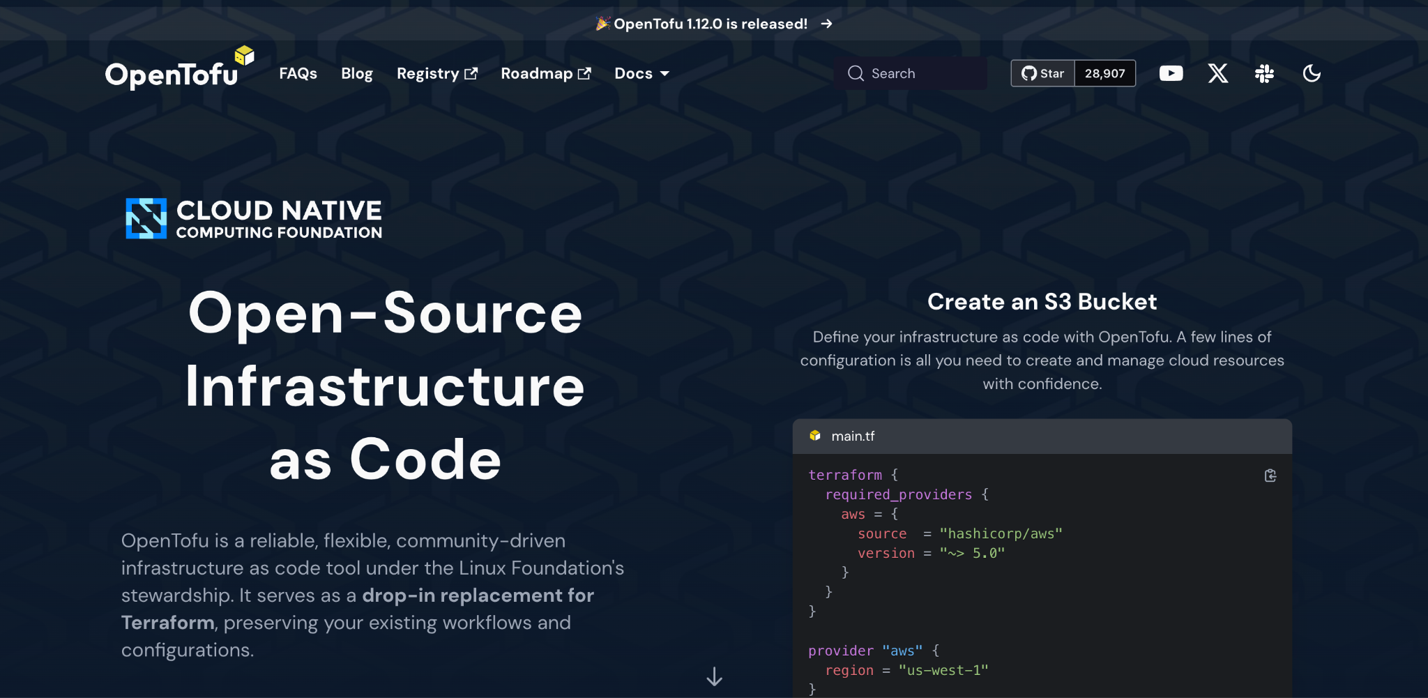 OpenTofu homepage: 'Open-Source Infrastructure as Code' under CNCF, with a main.tf example creating an S3 bucket.