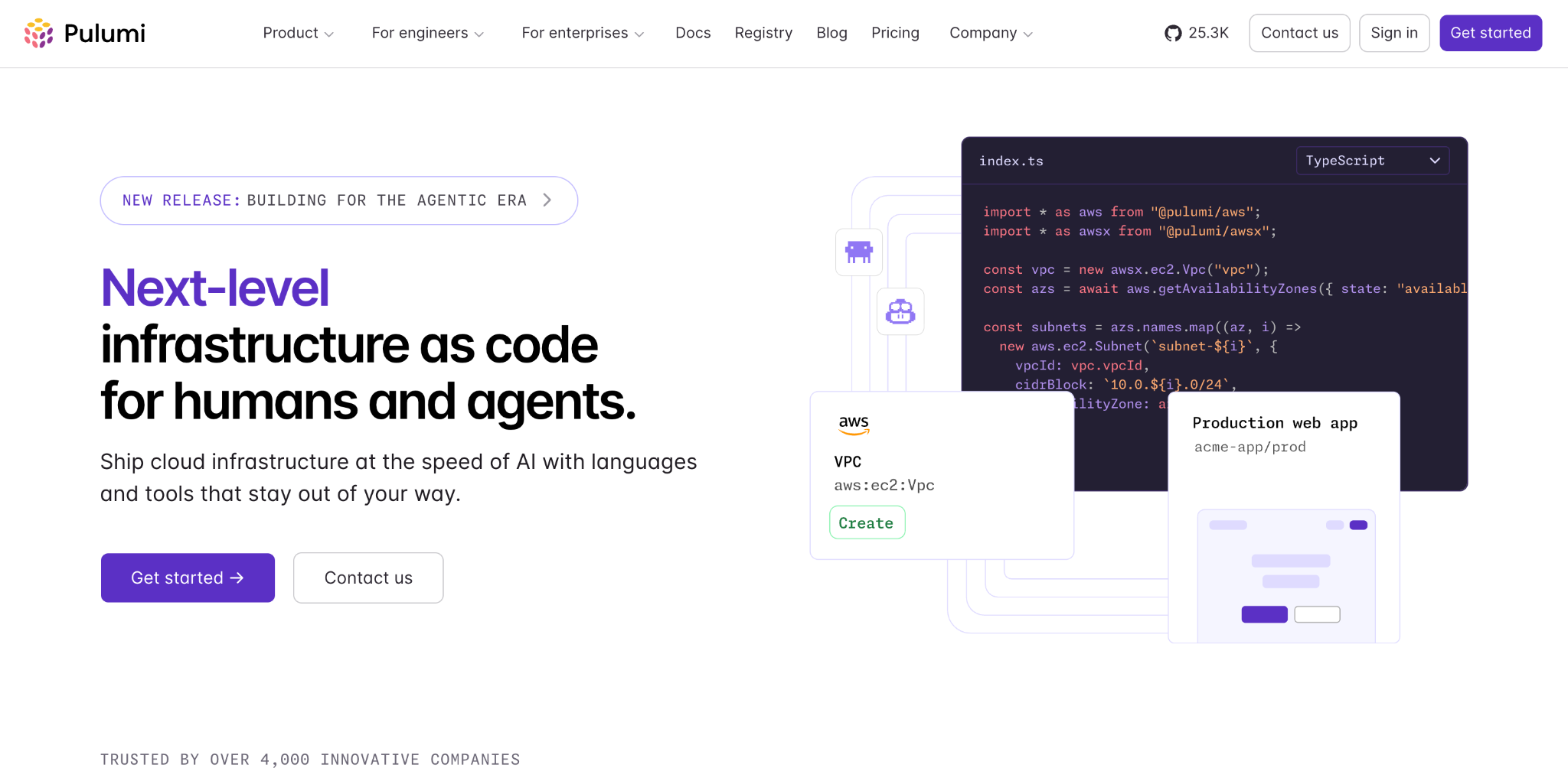 Pulumi homepage: 'Next-level infrastructure as code for humans and agents,' with a TypeScript index.ts example.