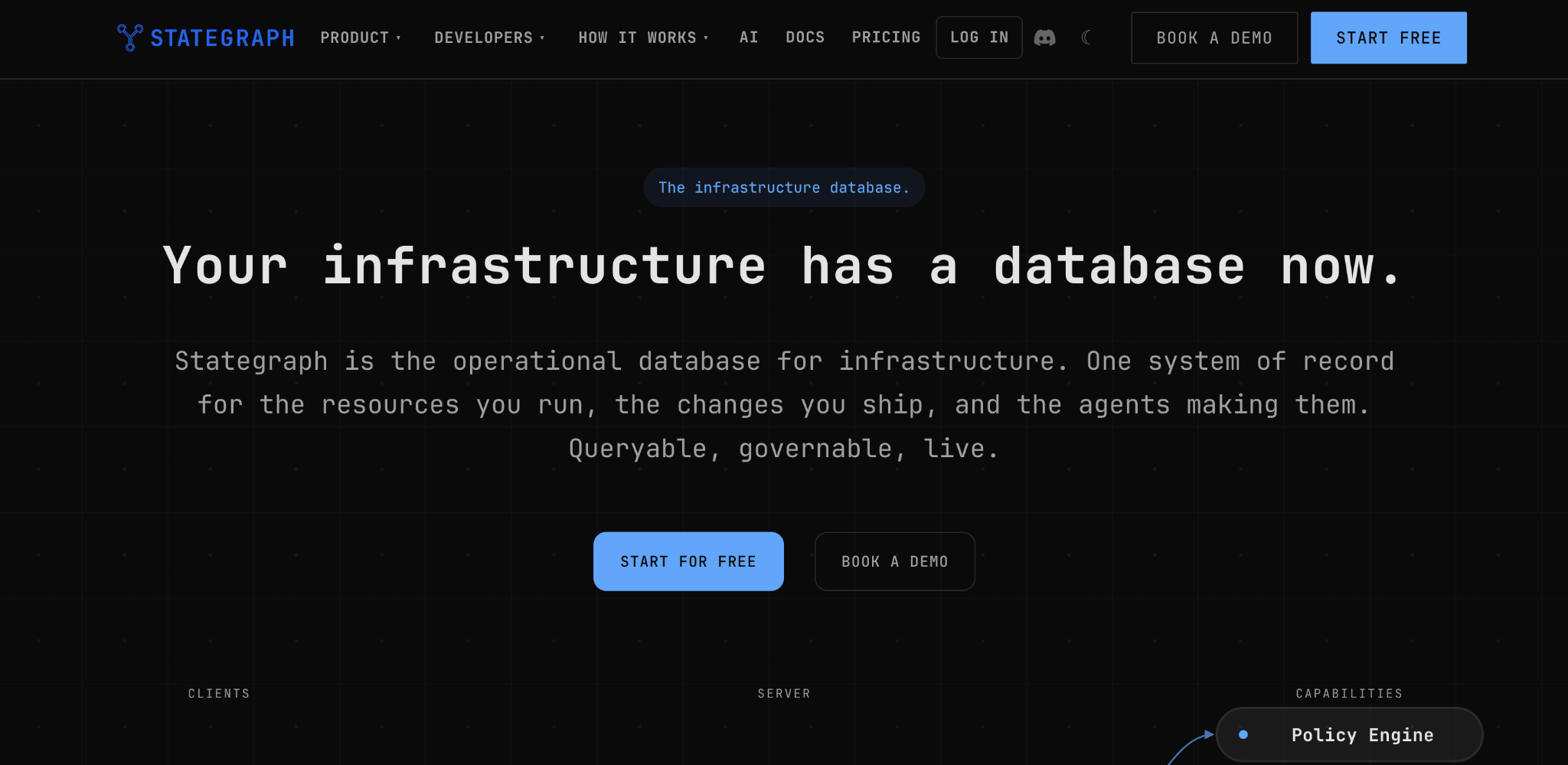 Stategraph homepage: 'Your infrastructure has a database now,' describing the operational database for infrastructure.