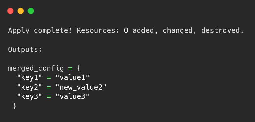 Terminal output showing the result of merging region-specific Terraform configurations