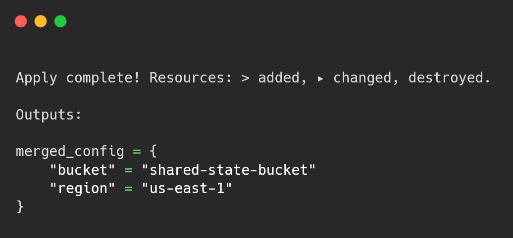 Terminal output displaying merged AWS backend configuration with shared and provider-specific settings