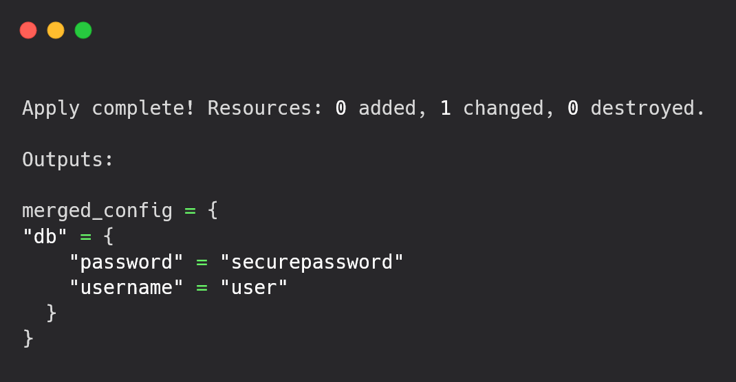 Terminal output showing nested map merge results in Terraform