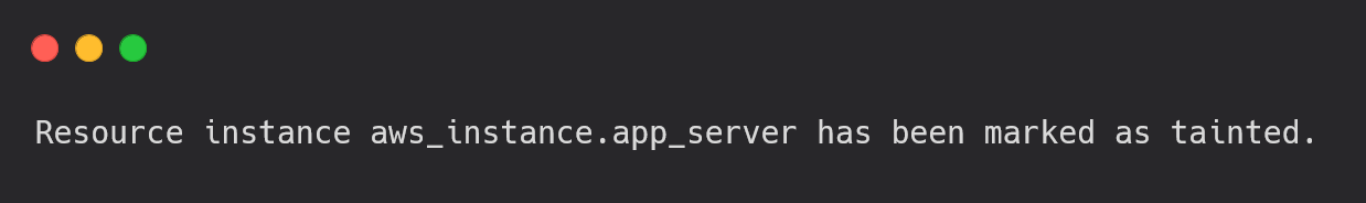Terminal output showing terraform taint command marking an EC2 instance for recreation