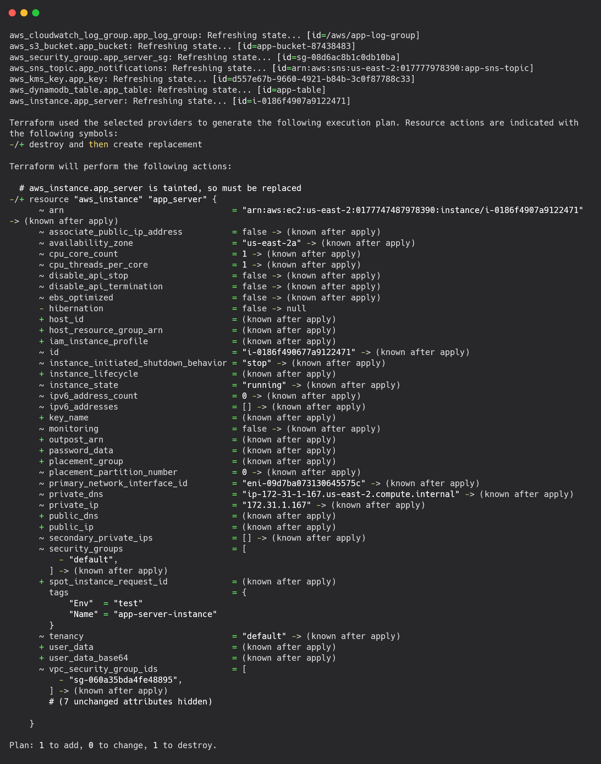 Terraform plan output showing tainted resource marked for recreation with destroy and create actions