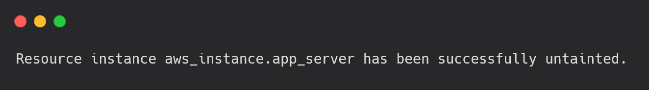 Terminal output showing terraform untaint command removing taint flag from resource