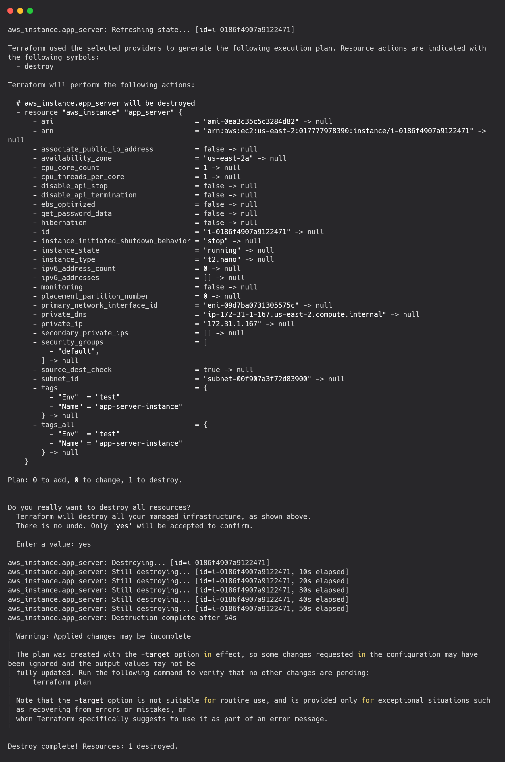 Terminal showing terraform destroy command output with resource deletion confirmation
