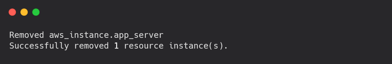 Terminal output showing terraform state rm command removing resource from state file