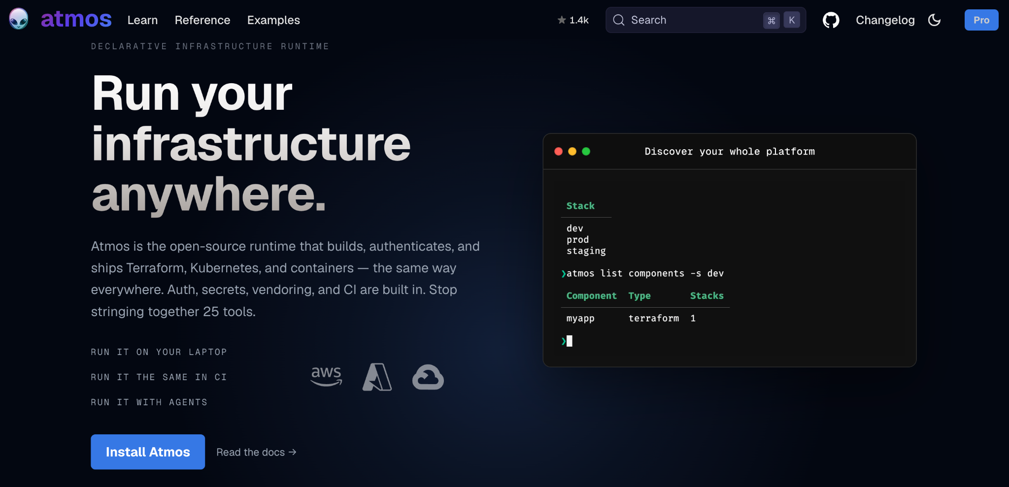 Atmos homepage: 'Run your infrastructure anywhere', with a terminal listing the dev, prod, and staging stacks and their components.