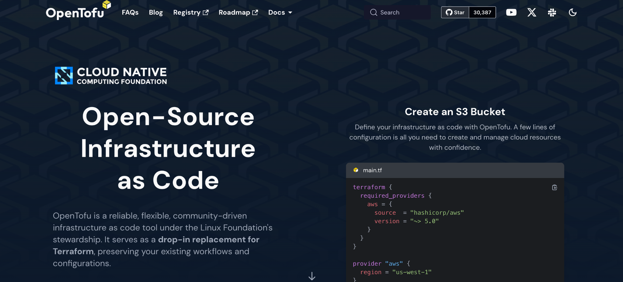 OpenTofu homepage: 'Open-Source Infrastructure as Code' under the Cloud Native Computing Foundation, with a main.tf example creating an S3 bucket.