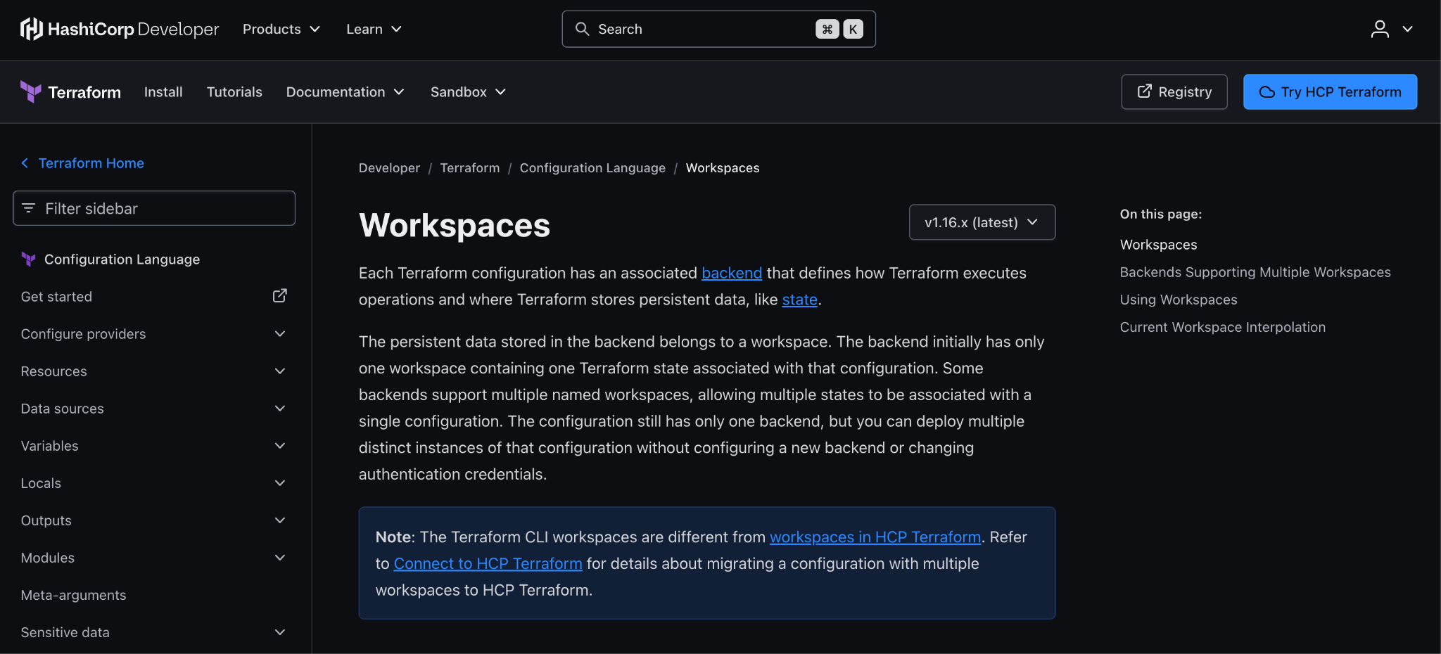 HashiCorp Developer documentation page for Terraform workspaces, explaining that some backends support multiple named workspaces for a single configuration.