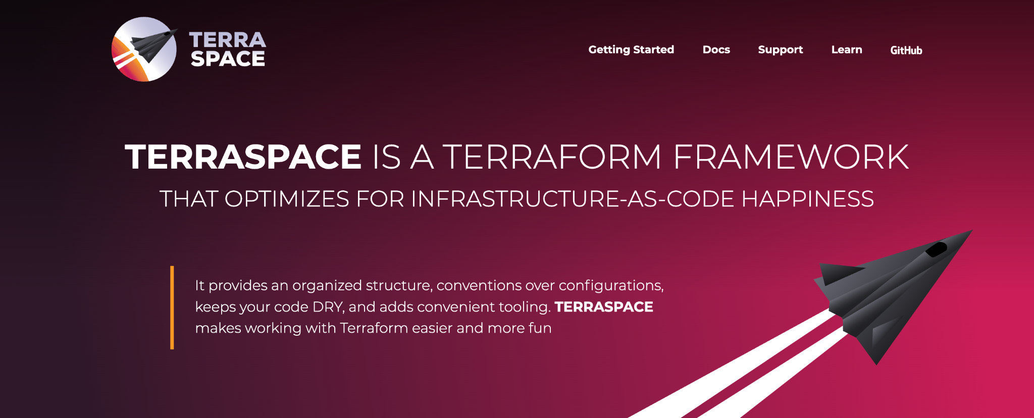 Terraspace homepage: 'Terraspace is a Terraform framework that optimizes for infrastructure-as-code happiness', with a rocket illustration.